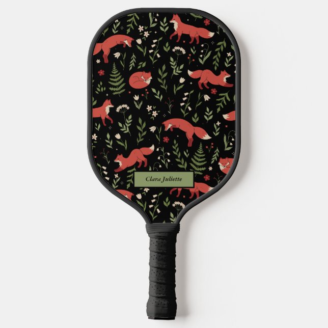 Raquette De Pickleball Woodland Fox Botanical Motif Nom personnalisé (Verso)