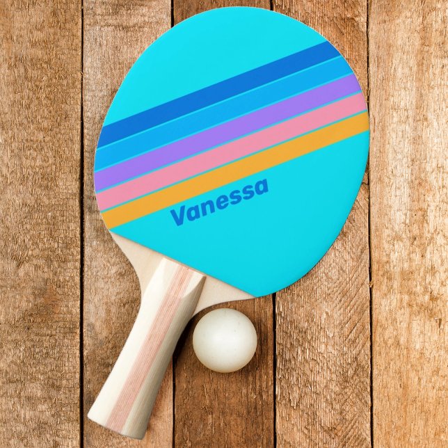 Raquette De Ping Pong 80s Neon Ocean Sky rayé avec le nom (Créateur téléchargé)