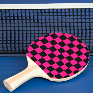 Raquette De Ping Pong à damiers carré rose chaud noir rétro géométrique