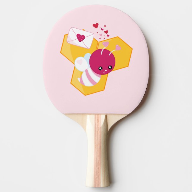 Raquette De Ping Pong Abeille mignonne aux Coeurs de Saint-Valentin rose (Devant)