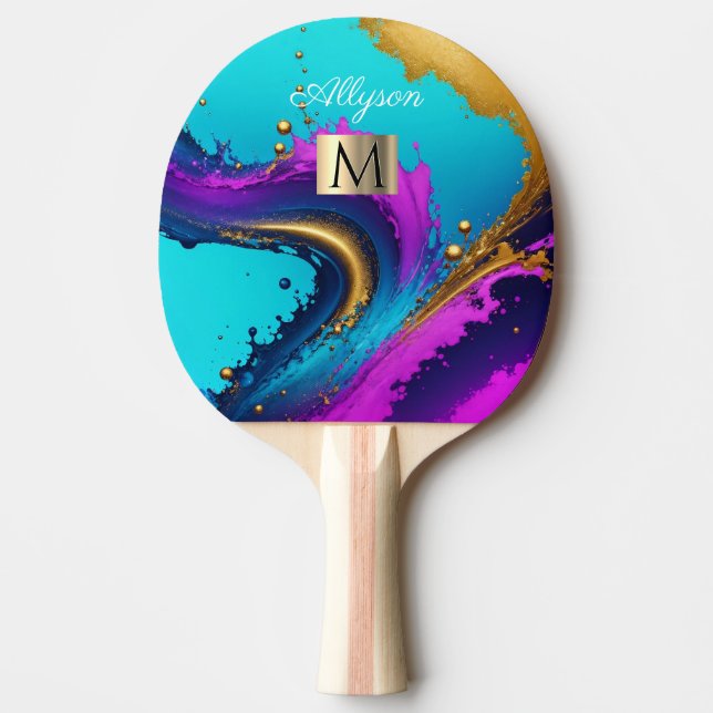 Raquette De Ping Pong Abstrait Liquide Dynamique, Nom & Monogramme (Devant)