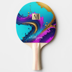 Raquette De Ping Pong Abstrait Liquide Dynamique, Nom & Monogramme, Vs 2