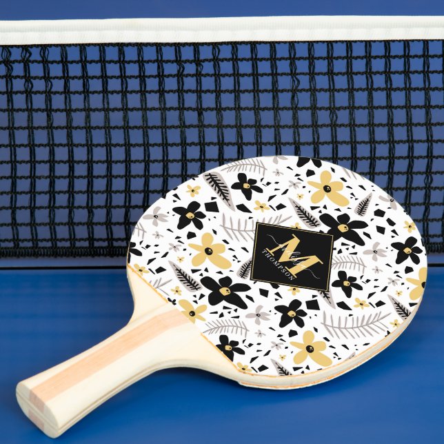 Raquette De Ping Pong Abstrait noir gris jaune floral Monogramme (Insitu)