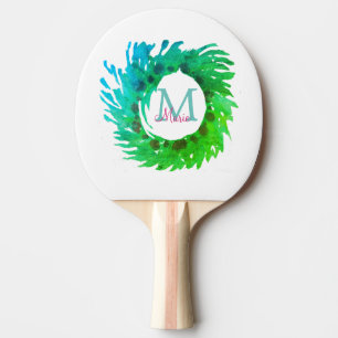 Raquette De Ping Pong Ajouter une couronne de Noël vert rose monogramme