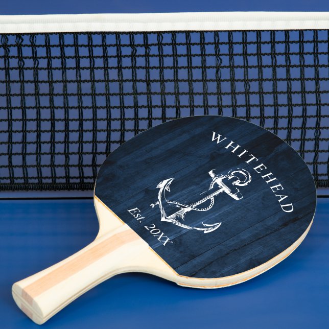 Raquette De Ping Pong Ancre nautique Monogramme Marine Bois bleu (Insitu)
