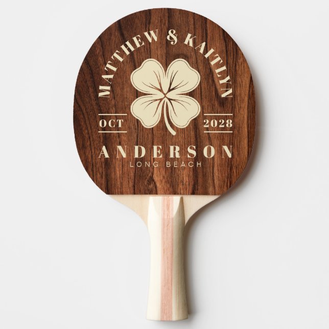 Raquette De Ping Pong Antique Cherry Wood Irish Clover Wedding Crest (Devant)