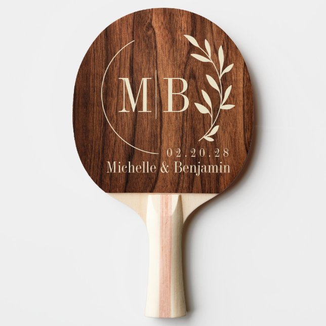 Raquette De Ping Pong Antique Cherry Wood Leaf Wedding Monogram (Dos)