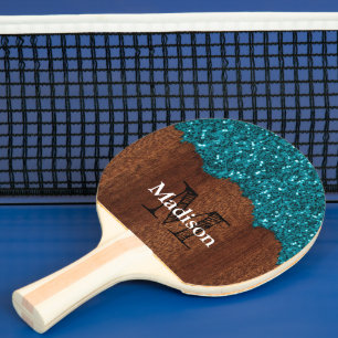 Raquette De Ping Pong Aqua bleu étincelle bois brun rustique Monogramme