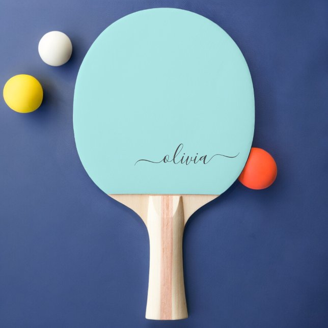 Raquette De Ping Pong Aqua Blue Turquoise Moderne Script Girl Monogramme (Créateur téléchargé)