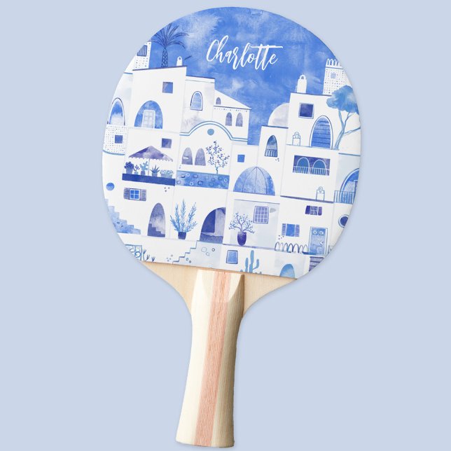Raquette De Ping Pong Aquarelle de l'île grecque Santorin Oia Personnali (Santorini Oia Greece blue and white personalized watercolor ping pong paddle)