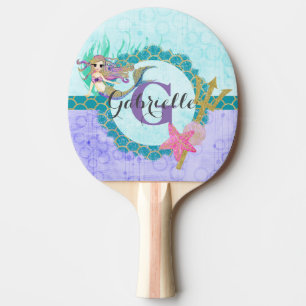 Raquette De Ping Pong Aquarelle mignonne de sirène Monogramme Turquoise 