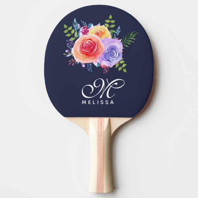Raquette De Ping Pong Aquarelle moderne Rose Bouquet Floral Monogramme (Devant)