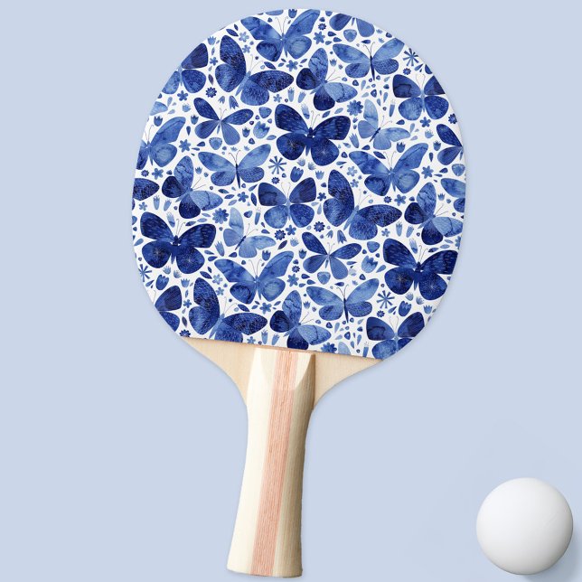 Raquette De Ping Pong Aquarelle papillon bleu (Watercolor butterfly pattern blue and white ping pong paddle)