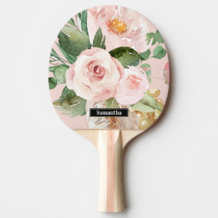 Raquette De Ping Pong Aquarelle Pastel Pink moderne Fleurs & Nom