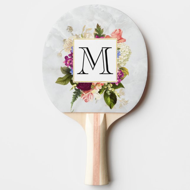 Raquette De Ping Pong Aquarelle rose moderne Bouquet floral Monogramme (Devant)
