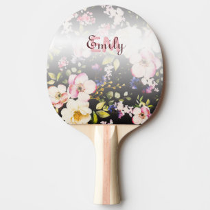 Raquette De Ping Pong Aquarelle rose Roses jaunes sur noir, Monogramme