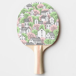 Raquette De Ping Pong Arbres, maisons, paysage de la ville de printemps