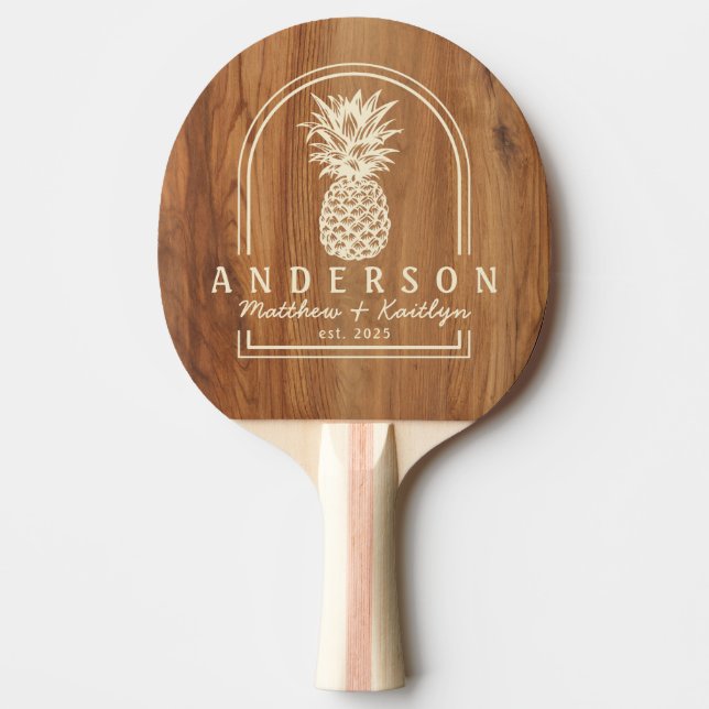 Raquette De Ping Pong Arc de mariage en bois d'érable et ananas & nom (Devant)