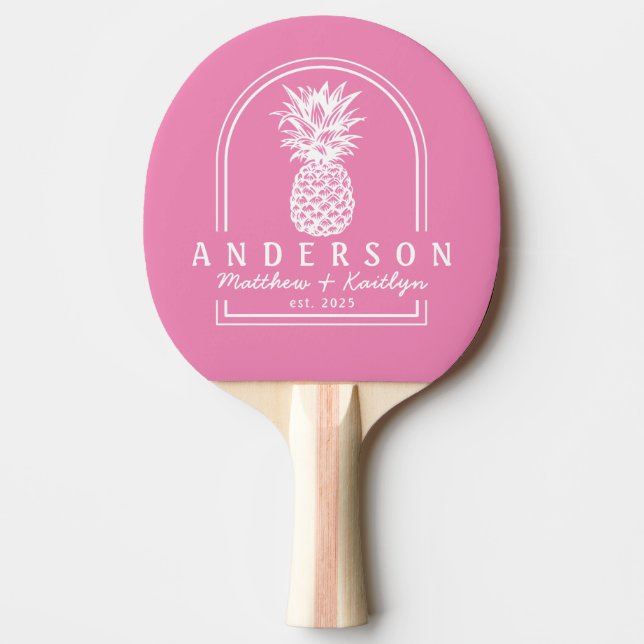 Raquette De Ping Pong Arche de mariage à l'ananas rose & nom (Devant)