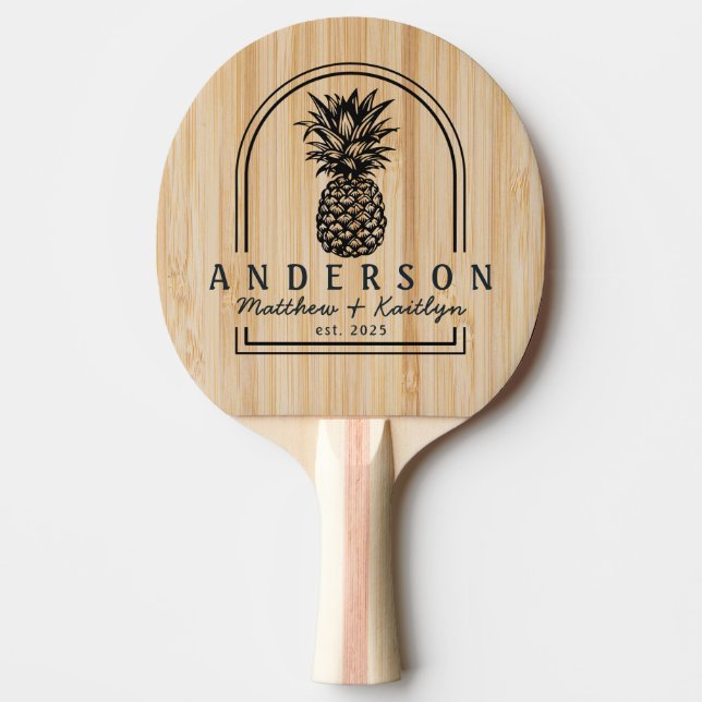 Raquette De Ping Pong Arche de mariage en bambou blanc avec ananas & nom (Devant)