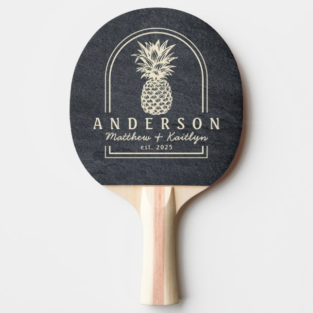 Raquette De Ping Pong Arche de mariage et nom en pierre de granit foncé  (Devant)