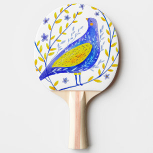 Raquette De Ping Pong Art d'oiseau bleu et jaune à l'aquarelle moderne