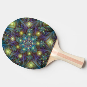 Raquette De Ping Pong Art fractal abstrait illuminé brillant sarcelle vi