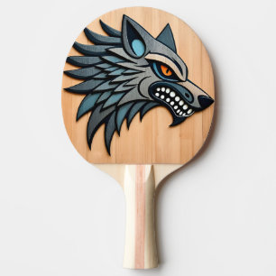 Raquette De Ping Pong Art tribal stylisé de loup aux yeux orange