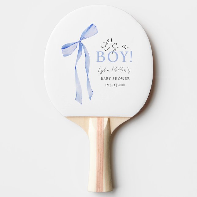 Raquette De Ping Pong Baby shower Bleu Bow Invitation, Baby shower garço (Devant)