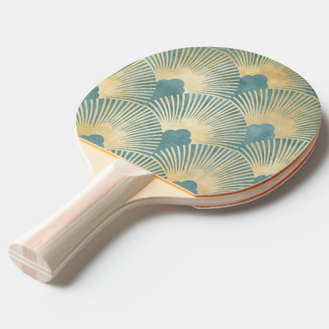 Raquette De Ping Pong Beau motif ventilateur, or turquoise, motif Art Dé (Devant Angle)