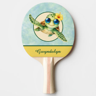 Raquette De Ping Pong Bébés tortues de mer mignonnes avec des fleurs tro