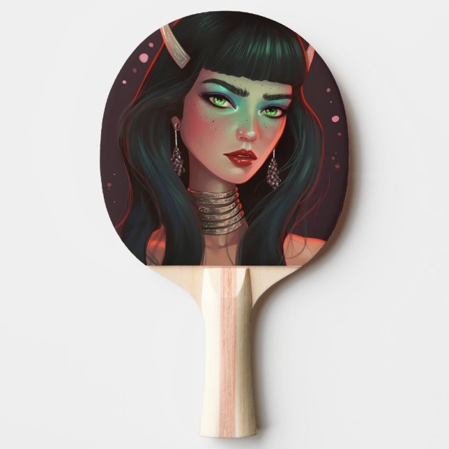 Raquette De Ping Pong Belle femme avec des cornes et rouge à lèvres (Devant)