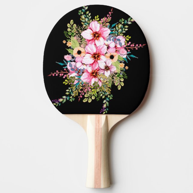 Raquette De Ping Pong Belles Fleurs Éclatent sur Fond Noir (Devant)