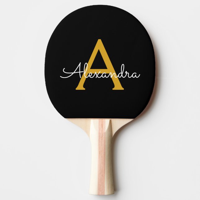 Raquette De Ping Pong Black Gold Modern Script Girl Monogramme Nom (Devant)