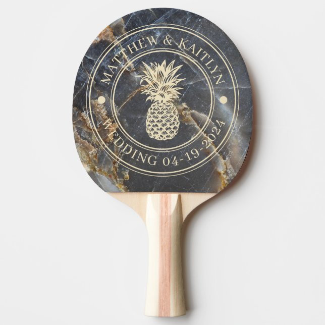 Raquette De Ping Pong Black Marble & Gold Pineapple Wedding Crest & Name (Devant)