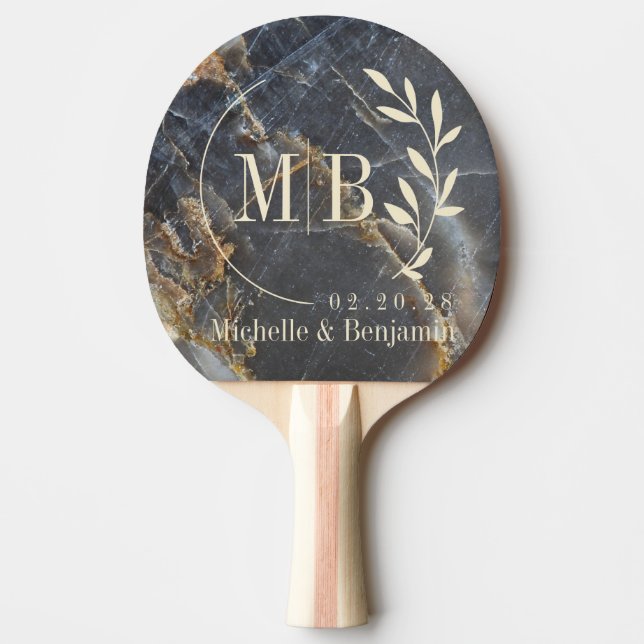 Raquette De Ping Pong Black Marble & Gold Stone Leaf Wedding Monogram (Devant)