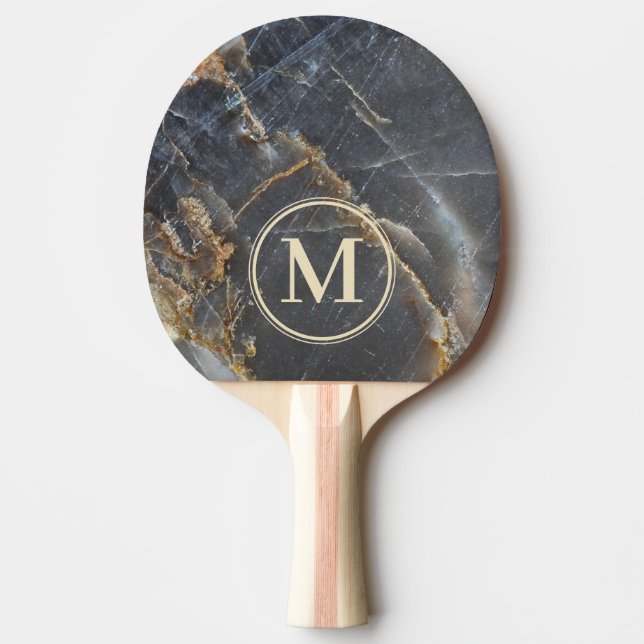 Raquette De Ping Pong Black Marble & Gold Stone Stone Monogram (Devant)