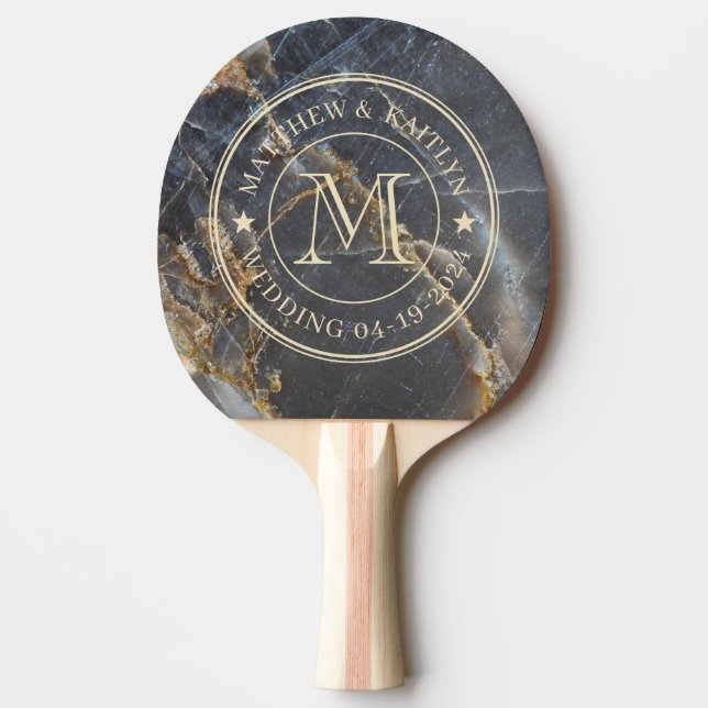 Raquette De Ping Pong Black Marble & Gold Stone Wedding Monogram Star (Devant)