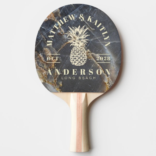 Raquette De Ping Pong Black Marble Gold Tropical Pineapple Wedding Crest (Devant)