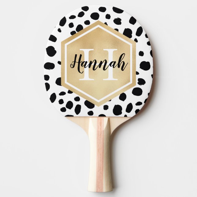 Raquette De Ping Pong Black White Spots Motif Gold Monogramme (Devant)