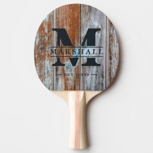 Raquette De Ping Pong Blanc cassé lavé en bleu avec monogramme bois et s