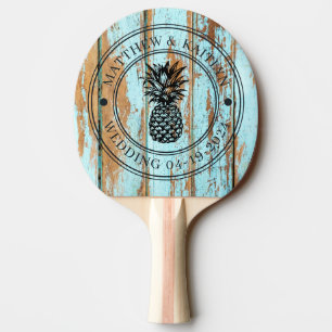 Raquette De Ping Pong Blason de mariage au ananas en bois lavé bleu & No