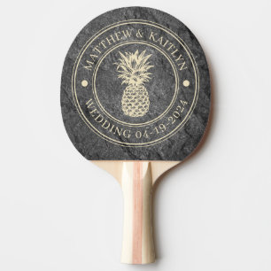Raquette De Ping Pong Blason de mariage moderne avec nom en granit sombr