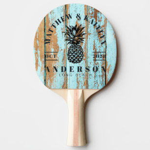 Raquette De Ping Pong Blason de mariage tropical au bois lavé bleu Anana