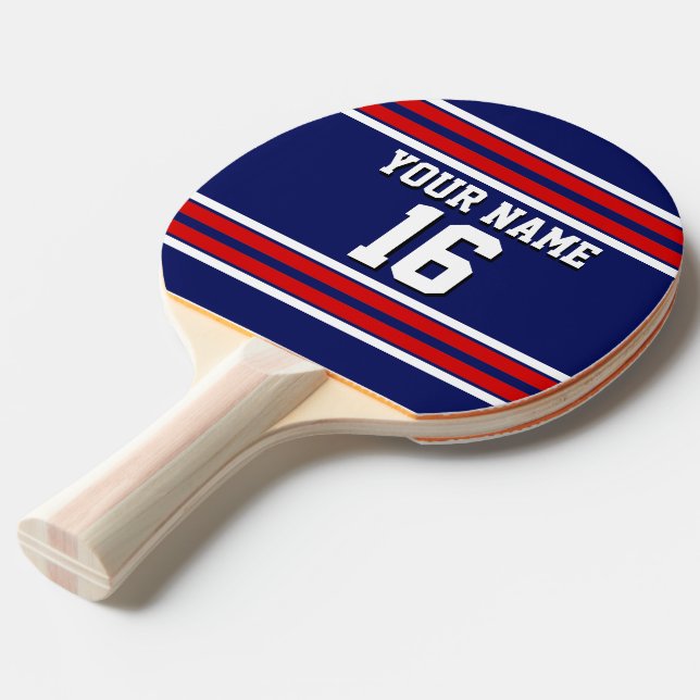 Raquette De Ping Pong Bleu de marine avec Red White Strips Team Jersey (Devant Angle)