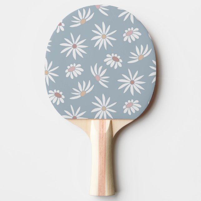 Raquette De Ping Pong Bleu doux avec Fleurs marguerites blanches (Devant)