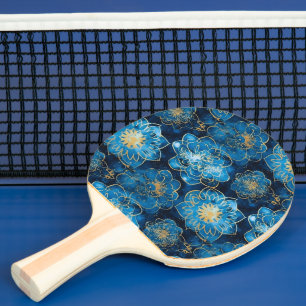 Raquette De Ping Pong Bleu élégant et or floral - Botanique élégant