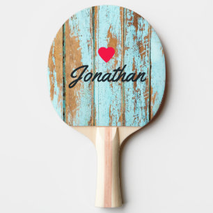 Raquette De Ping Pong Bleu Lavé Bois Vintage Cœur Signature