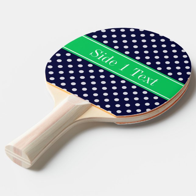 Raquette De Ping Pong Bleu Marine Points Blancs Vert Emeraude Monogramme (Devant Angle)