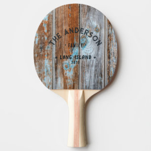 Raquette De Ping Pong Bleu Usé Lavage Bois Vintage Nom de Famille Bord d